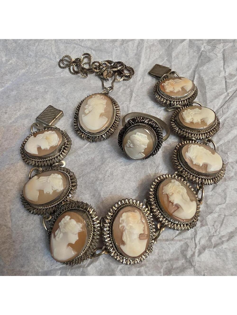 Antique Italian Silver Carved Shell Cameo Bracelet, ring 8,pendant 925 necklace